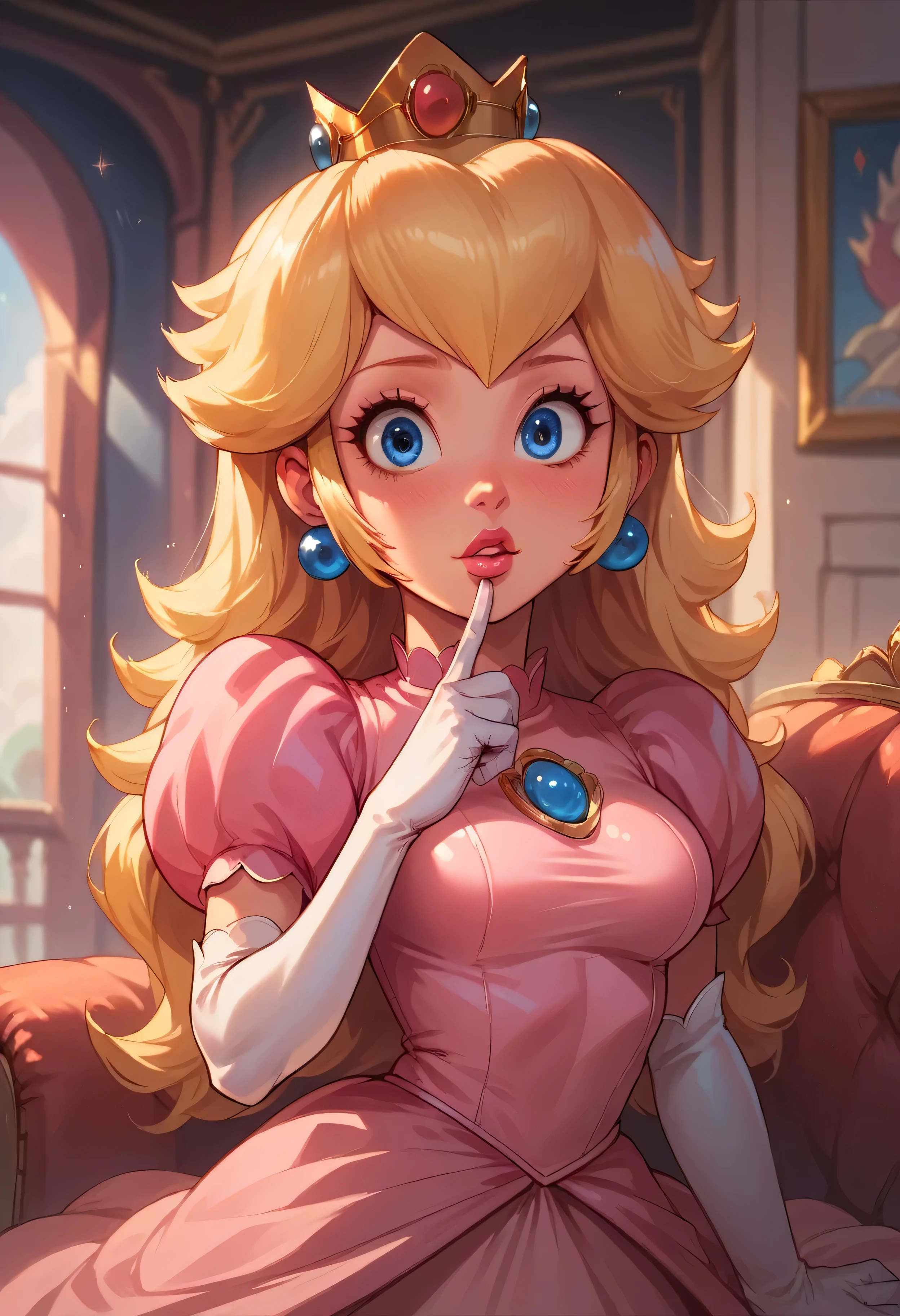 Score_9, Score_8_up, Score_7_up, Score_6_up, (best quality), realistic skin texture, black sofa, 1 girl, Princess Peach, pink dress, (lipstick: 0.5), blonde hair, wavy hair, straight hair, long hair , hair in the wind, lips parted, blue eyes, visor, interior, room, sofa, rich, crown, golden crown, facing viewer, medium breasts, looking at viewer, seductive, alone, (bra peek:0.8), (bra :0.1)n porb interview, hand before mouth, surprised