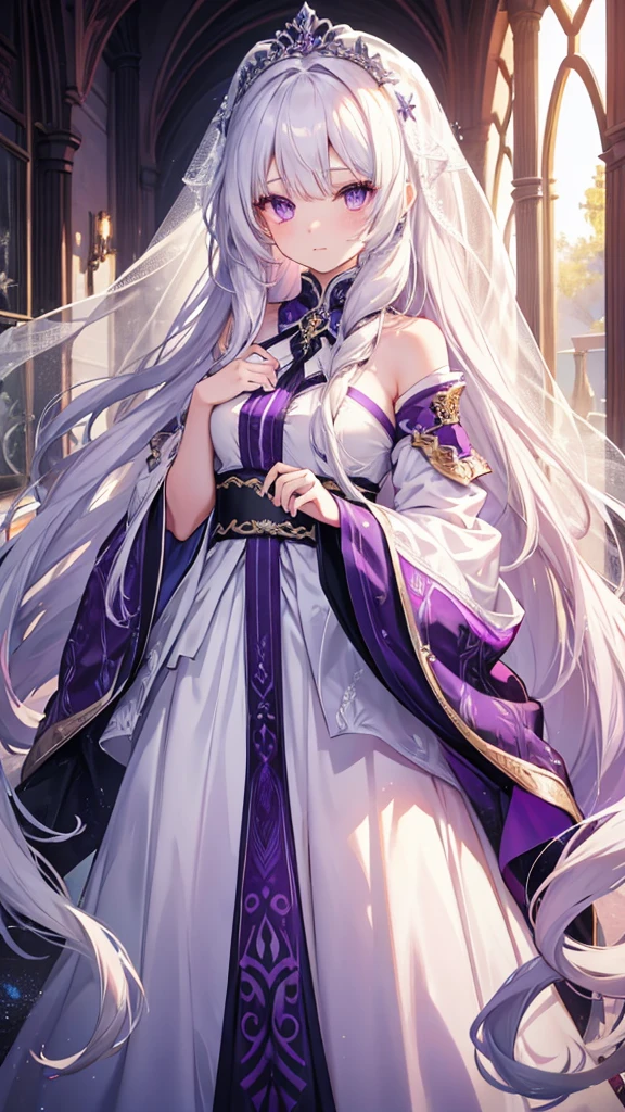 Extremely long white hair, purple eyes, dreamiest female figure, gorgeous teenage bride. Untra 8k.
