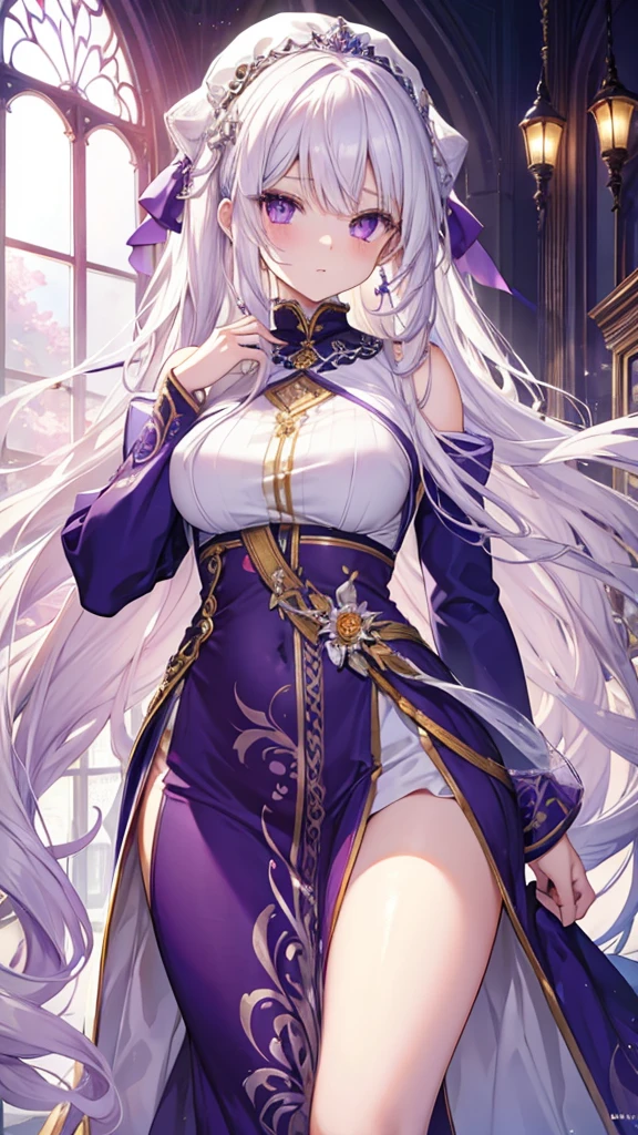 Extremely long white hair, purple eyes, dreamiest female figure, gorgeous teenage bride. Untra 8k.