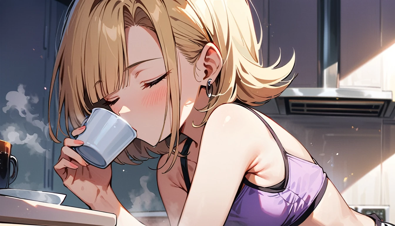 (masterpiece, best quality:1.2), 1girl, solo, Android 18 from Dragon Ball, ((plane purple crop sport bra)), (dolphin shorts), small breasts, short blonde hair loose, ((close eyes)), earrings on earlobes, slender feminine figure, narrow waistline, skinny body, light blush, drinking, holding a cup of hot water, natural lighting and shadows, magnificent view, blur background, 4K, blunt bangs, portrait, cleavage, morning, simple, organized kitchen, white base modern cute interiors, beautiful armpit, wearing glasses, flipped hair, steam,