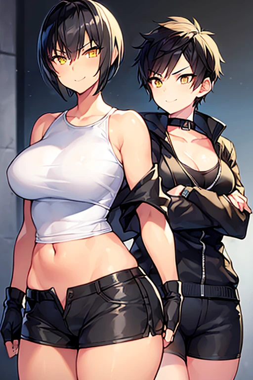 1girl, spiked hair, very short hair, yellow eyes, tan, tan skin, tan-skinned female, black hair, tomboy, pixie cut, large breasts, hourglass figure, thick thighs, smile, smirk, smug, toned, white shirt, jacket, sneakers, black jacket, shirt, short pants, shorts, fingerless gloves,