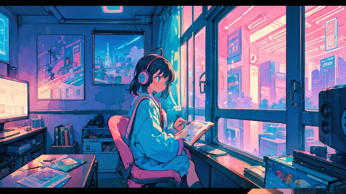 (zero), Girl studying in her room, reading a book, Wear headphones, , night lights, Neon landscape on a rainy day,Analog Color Theme, Lo-Fi Hip Hop , retrospective, flat, 2.5D ,Draw a line, Ink Drawing, Large slope, Watercolor painting, Goosch Colors, Studio Ghibli Style, Awesome colorful, Outer Ton, Synthwave, lofi art,90s style,Old texture, amplitude,90s vibe, masutepiece, Tremendous technology, 16:9 scale, washitu,japanese style,8k quality, studiando