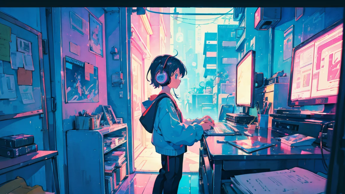 (zero), Girl studying in her room, reading a book, Wear headphones, , night lights, Neon landscape on a rainy day,Analog Color Theme, Lo-Fi Hip Hop , retrospective, flat, 2.5D ,Draw a line, Ink Drawing, Large slope, Watercolor painting, Goosch Colors, Studio Ghibli Style, Awesome colorful, Outer Ton, Synthwave, lofi art,90s style,Old texture, amplitude,90s vibe, masutepiece, Tremendous technology, 16:9 scale, washitu,japanese style,8k quality, studiando