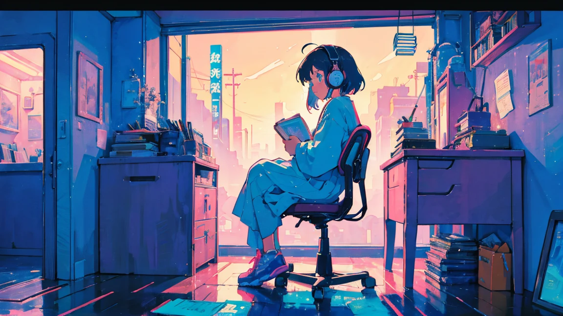 (zero), Girl studying in her room, reading a book, Wear headphones, , night lights, Neon landscape on a rainy day,Analog Color Theme, Lo-Fi Hip Hop , retrospective, flat, 2.5D ,Draw a line, Ink Drawing, Large slope, Watercolor painting, Goosch Colors, Studio Ghibli Style, Awesome colorful, Outer Ton, Synthwave, lofi art,90s style,Old texture, amplitude,90s vibe, masutepiece, Tremendous technology, 16:9 scale, washitu,japanese style,8k quality, studiando