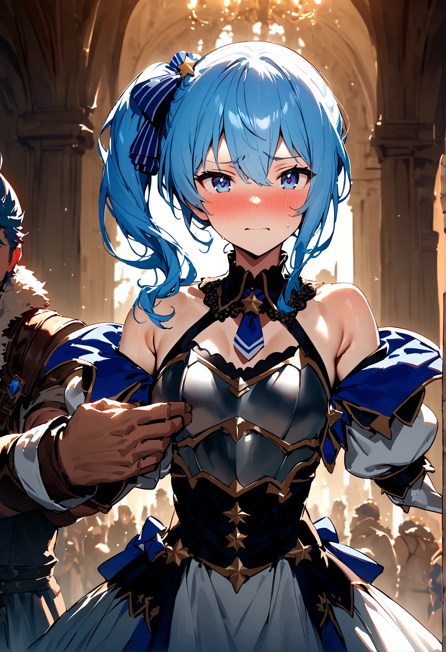 NSFW,masterpiece,Highest quality,High resolution,Super detailed,Star Town Suisei\(Hololive\),Blue Hair,One Side Ponytail,Blue Eyes,Small breasts,(Adventurer),(Fantasy),armor,breastplate,Off the shoulder,Adventurerギルド,reception,Embarrassed,(Expecting face),Frustrated face,(Fawning),(Strong-faced men),(Body touch),(caress),Having sex,Insert,Creampie,(Squirting)