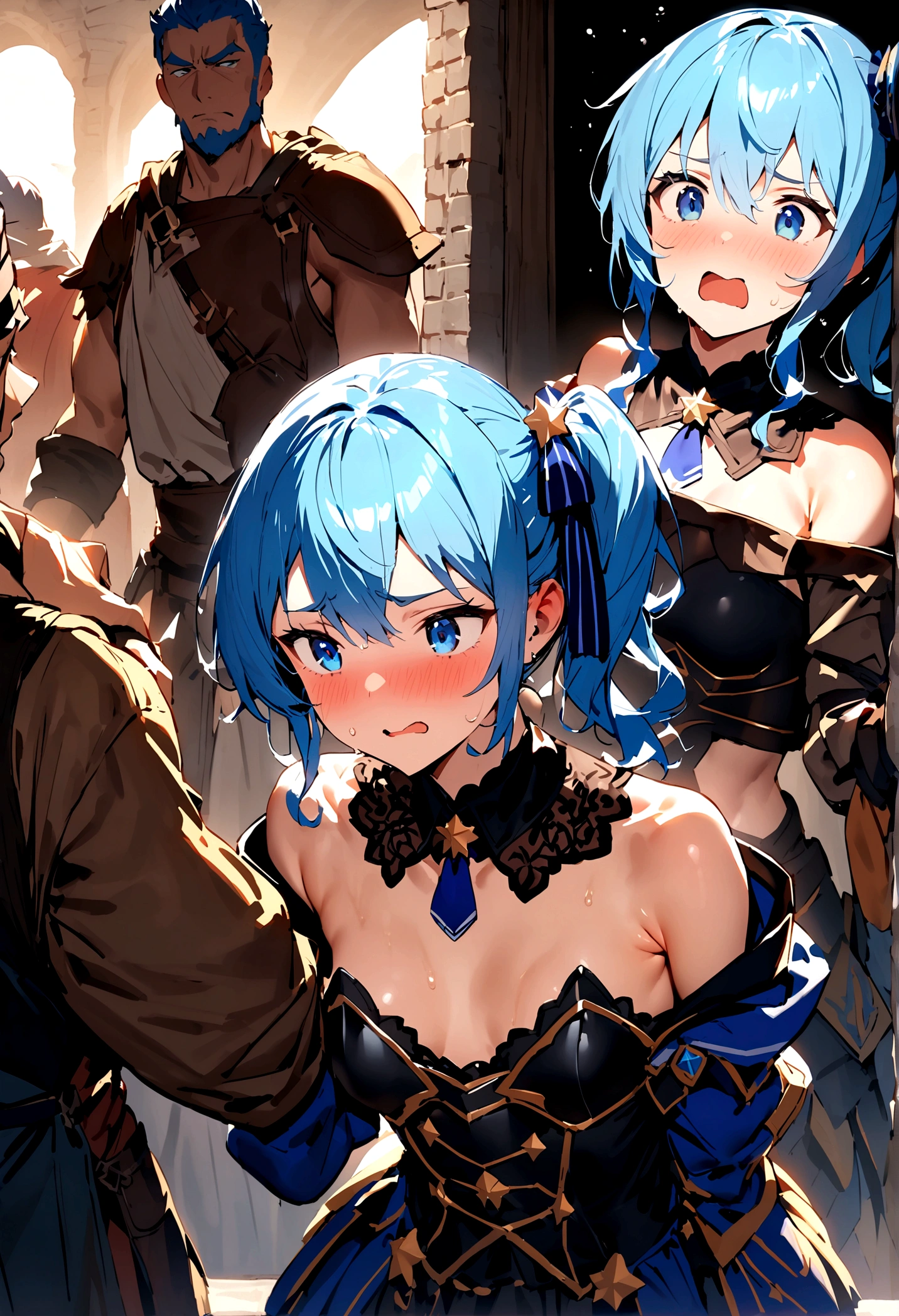 NSFW,masterpiece,Highest quality,High resolution,Super detailed,Star Town Suisei\(Hololive\),Blue Hair,One Side Ponytail,Blue Eyes,Small breasts,(Adventurer),(Fantasy),armor,breastplate,Off the shoulder,Adventurerギルド,reception,Embarrassed,(Expecting face),Frustrated face,(Fawning),(Strong-faced men),(Body touch),(caress),Having sex,Insert,Creampie,(Squirting)