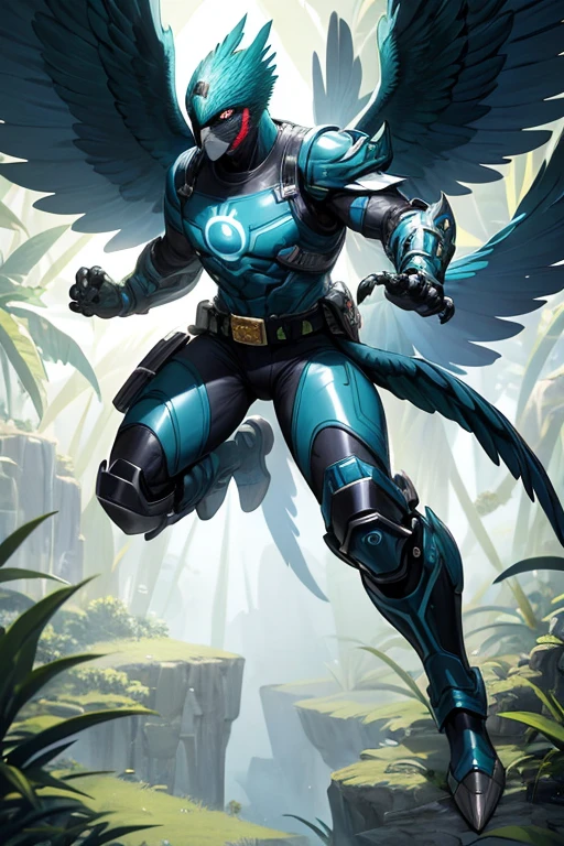 ((best quality)), ((masterpiece)), (detailed), 1 man, full body, 25 years old, masked, blue mask, blue head, uncovered mouth, biker helmet, blue helmet, parrot helmet, black neck, tall, thin, black beak, black details, a green parrot with a blue head on his side, metallic wings, wings on his arms, blue fingerless gloves, blue wristbands, luminous blue wings shooting lasers, blue suit resembling light armor, blue suit with an emblem, entirely green chest, emblem on his chest, green pants, deployable bird tail, metallic feathers, gray knee pads, metallic gray boots, metallic bird claws, black superhero belt, flying through the jungle, midday jungle background, anime