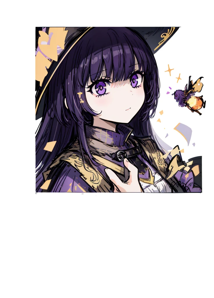 1girl, purple eyes,purple hair, witch, mage, nice clothes, (high resolution, high detail, best quality),
black background, happy