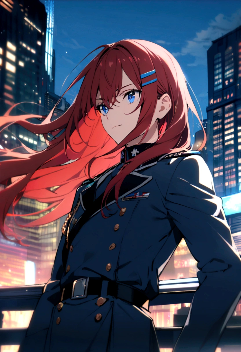 1boy, dark blue military uniform, red hair, long hair, blue Eyes, hairclip, city background