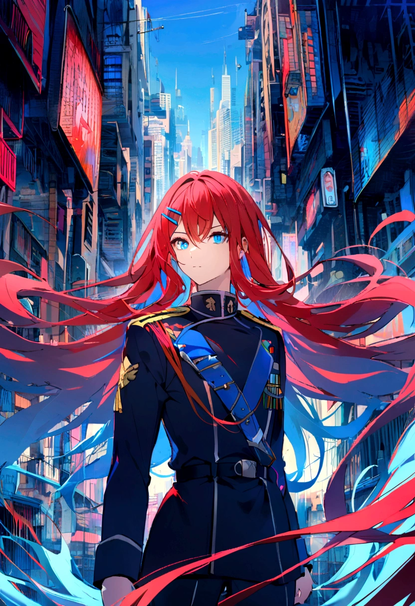 1boy, dark blue military uniform, red hair, long hair, blue Eyes, hairclip, city background