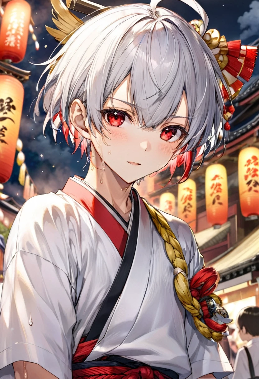 Hakata Gion Yamakasa Mikoshi, (a 16 yo, silver crew cut hair very short hair divine fighter boy, serious face, cool red eyes, sweaty), in a Festival Fundosi:1.3, break, in the Hakata Gion Yamakasa festival venue, BREAK, perfect anatomy, masterpiece, best quality, 16k, beautiful detailed grow, daydreaming expression.