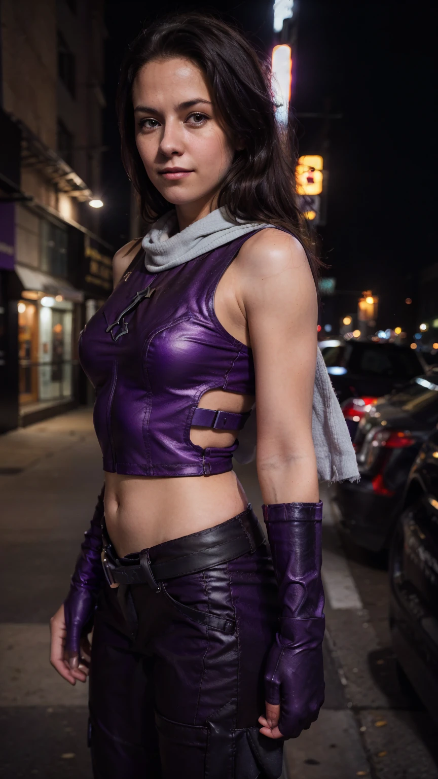 (masterpiece), (photorealistic1.4), (1 girl), (solo), (best quality), (epiCRealLife), (Kate Bishop long hair), (sleeveless top), (kateb2023 black utility belt), (kateb2023 purple costume), (purple pants) (kateb2023 purple sleevless bodysuit), (kst3w),(white scarf), bare shoulder), (night time), (black boot), (elbow gloves), (abs), (flash photography), (flashphoto), (cowboy shots), (outdoor), (street of new york), (at night), (look at viewers),(light smile)