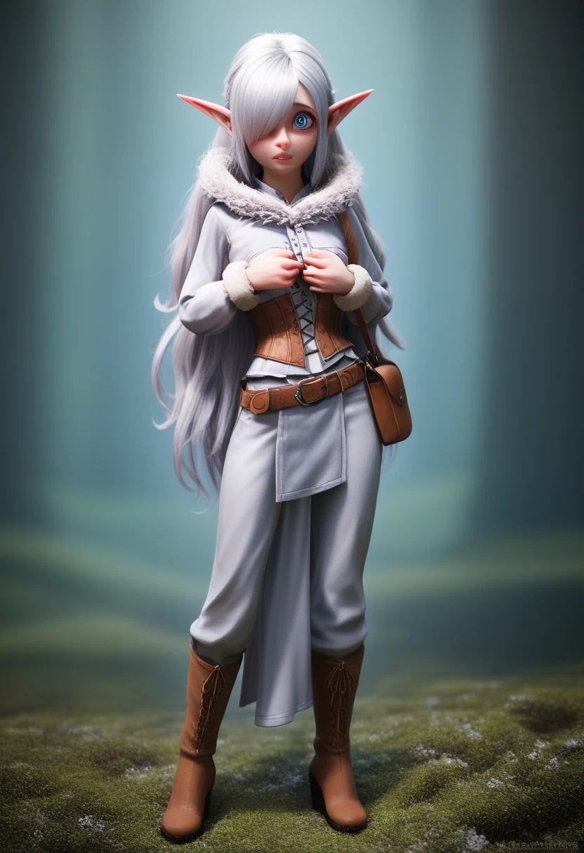 ((Best Quality)), (Masterpiece)), (Details: 1.4), Absurd Resolution, High Resolution, (Masterpiece: 1.4), Ultra Detailed, detailed gnome girl with pale skin, short stature, very long waist length silver hair that curls at the ends, covering one eye, with small breasts, pouty lips, and bright blue anime-style eyes with long lashes, wearing a corset, white puffy long sleeved shirt, and puffy cloth pants, leather bound boots, set in a windy fantasy landscape, (best quality,4k,8k,highres,masterpiece:1.2),ultra-detailed, dungeons and dragons, long elf ears, small girl, detailed skin and cloth textures, cute detailed face, intricate details, extremely detailed, 1girl, dynamic pose with hair covering one eye, shy personality, puffy cloth pants with leather belt, detailed privateer outfit, detailed buccaneer outfit, pouch on belt, wearing ornate leather armor with fur trim, silver inlay detail, wearing fur trimmed boots, wearing fur trimmed gloves, short, short height, halfing girl, small girl, very long detailed flowing hair, big head, big round eyes