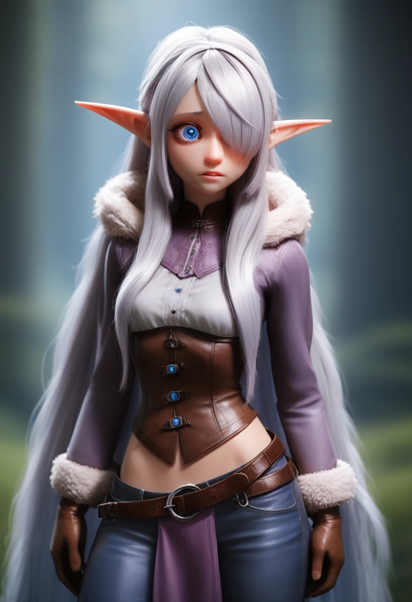 ((Best Quality)), (Masterpiece)), (Details: 1.4), Absurd Resolution, High Resolution, (Masterpiece: 1.4), Ultra Detailed, detailed gnome girl with pale skin, short stature, very long waist length silver hair that curls at the ends, covering one eye, with small breasts, pouty lips, and bright blue anime-style eyes with long lashes, wearing a corset, white puffy long sleeved shirt, and puffy cloth pants, leather bound boots, set in a windy fantasy landscape, (best quality,4k,8k,highres,masterpiece:1.2),ultra-detailed, dungeons and dragons, long elf ears, small girl, detailed skin and cloth textures, cute detailed face, intricate details, extremely detailed, 1girl, dynamic pose with hair covering one eye, shy personality, puffy cloth pants with leather belt, detailed privateer outfit, detailed buccaneer outfit, pouch on belt, wearing ornate leather armor with fur trim, silver inlay detail, wearing fur trimmed boots, wearing fur trimmed gloves, short, short height, halfing girl, small girl, very long detailed flowing hair, big head, big round eyes