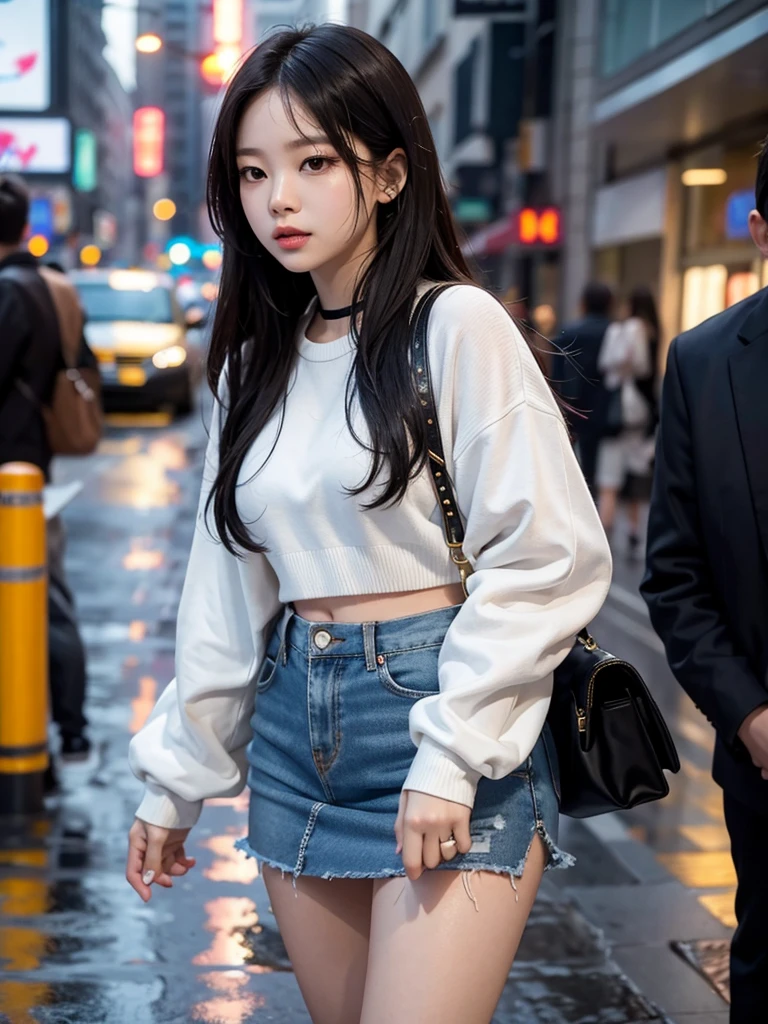 Jennie Kim, the iconic BLACKPINK rapper and singer, is in Seoul on a rainy day. Despite the downpour, she has a silly expression on her face, as she strikes sensual poses through the city streets. Your short black crop top and your mini skirt, combine creating an elegant and modern silhouette. Her beautiful black hair flowing in the wind, but this only serves to enhance your natural beauty. A faint smile plays on his full lips, as she observes the world around her with an air of mystery. City lights flicker and reflect in puddles of water, creating a vibrant and lively urban setting. Focus on Jennie&#39;s face. focus on the body.