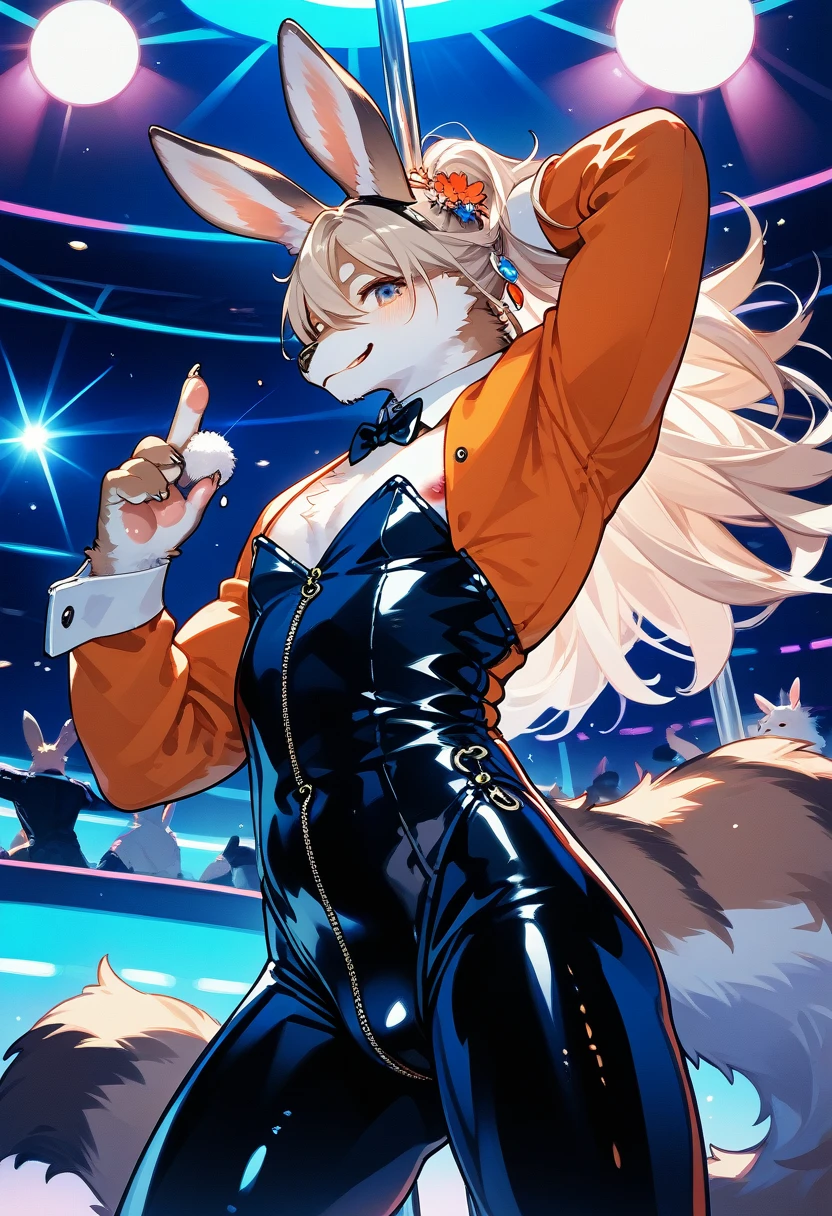 Highest quality, Highest quality, High quality illustrations, masterpiece, Ultra-high resolution, Detailed Background, club, Disco, pole dance, Absurd, Perfect Anatomy, Performance, Good lighting, Shadows in the movie(kemono, Furry Personification), Rubber suit, Rubber Suit, latex, Earrings, Bunny Suit, male