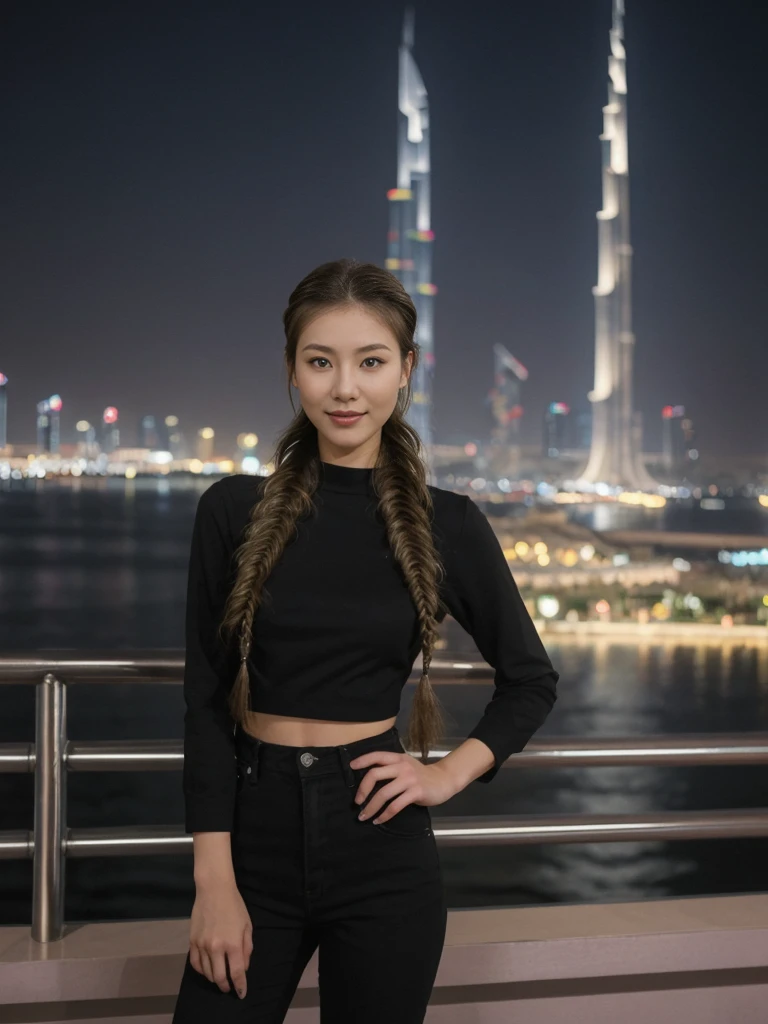 her name is Asako, high quality, 1girl, ((20-year-old fit Caucasian woman)), ((20 years old)), ((slim)), ((Fishtail Braid hair)), pose: standing, wearing stylish Generation-Z modern wear dark colored, BACKGROUND: At the Dubai Fountain, with its spectacular water show set against the towering Burj Khalifa.