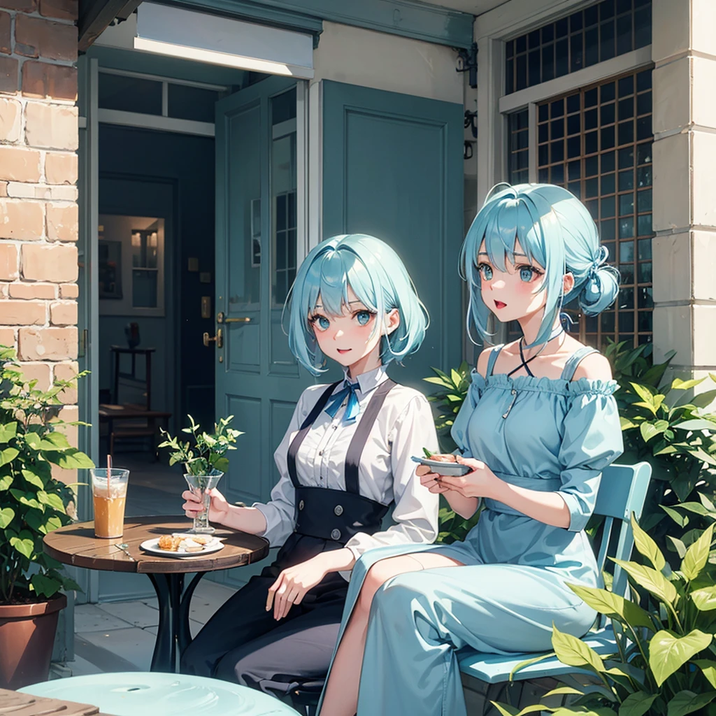 light blue hair, cake strip, Cute green eyes, Beautiful Mouth, 1,60, medium chest, sitting on a large chair in a courtyard