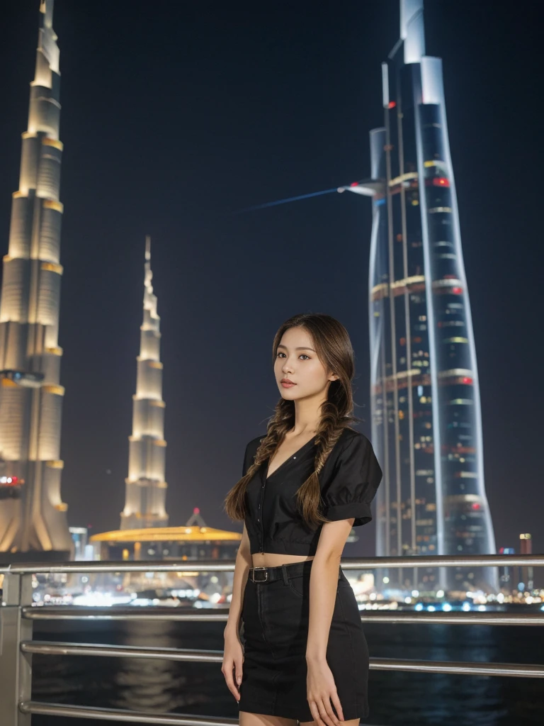 her name is Asako, high quality, 1girl, ((20-year-old fit Caucasian woman)), ((20 years old)), ((slim)), ((Fishtail Braid hair)), pose: standing, wearing stylish Generation-Z modern wear dark colored, BACKGROUND: At the Dubai Fountain, with its spectacular water show set against the towering Burj Khalifa.