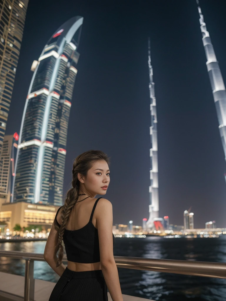 her name is Asako, high quality, 1girl, ((20-year-old fit Caucasian woman)), ((20 years old)), ((slim)), ((Fishtail Braid hair)), pose: standing, wearing stylish Generation-Z modern wear dark colored, BACKGROUND: At the Dubai Fountain, with its spectacular water show set against the towering Burj Khalifa.