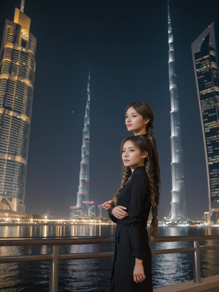 her name is Asako, high quality, 1girl, ((20-year-old fit Caucasian woman)), ((20 years old)), ((slim)), ((Fishtail Braid hair)), pose: standing, wearing stylish Generation-Z modern wear dark colored, BACKGROUND: At the Dubai Fountain, with its spectacular water show set against the towering Burj Khalifa.