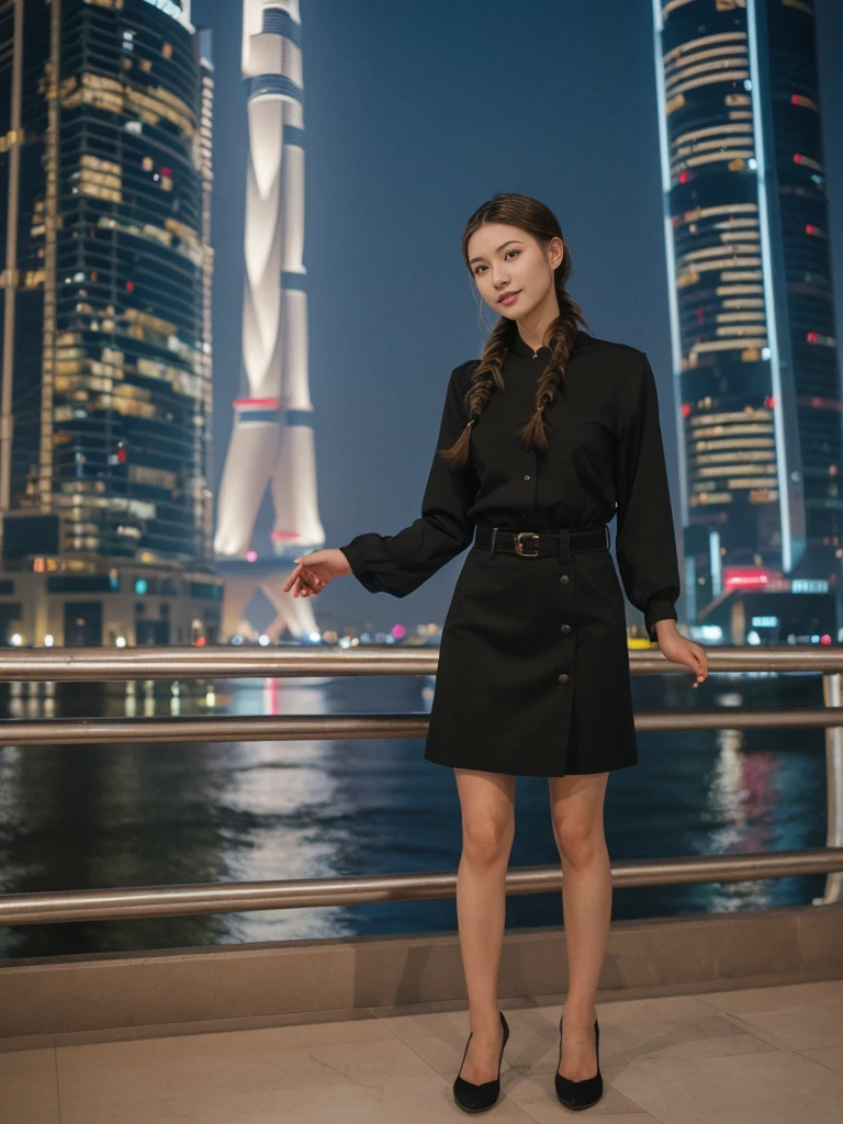 her name is Asako, high quality, 1girl, ((20-year-old fit Caucasian woman)), ((20 years old)), ((slim)), ((Fishtail Braid hair)), pose: standing, wearing stylish Generation-Z modern wear dark colored, BACKGROUND: At the Dubai Fountain, with its spectacular water show set against the towering Burj Khalifa.