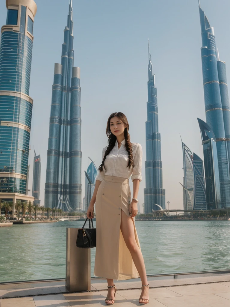 her name is Asako, high quality, 1girl, ((20-year-old fit Caucasian woman)), ((20 years old)), ((slim)), ((Fishtail Braid hair)), pose: standing, wearing stylish Generation-Z modern wear dark colored, BACKGROUND: At the Dubai Fountain, with its spectacular water show set against the towering Burj Khalifa.