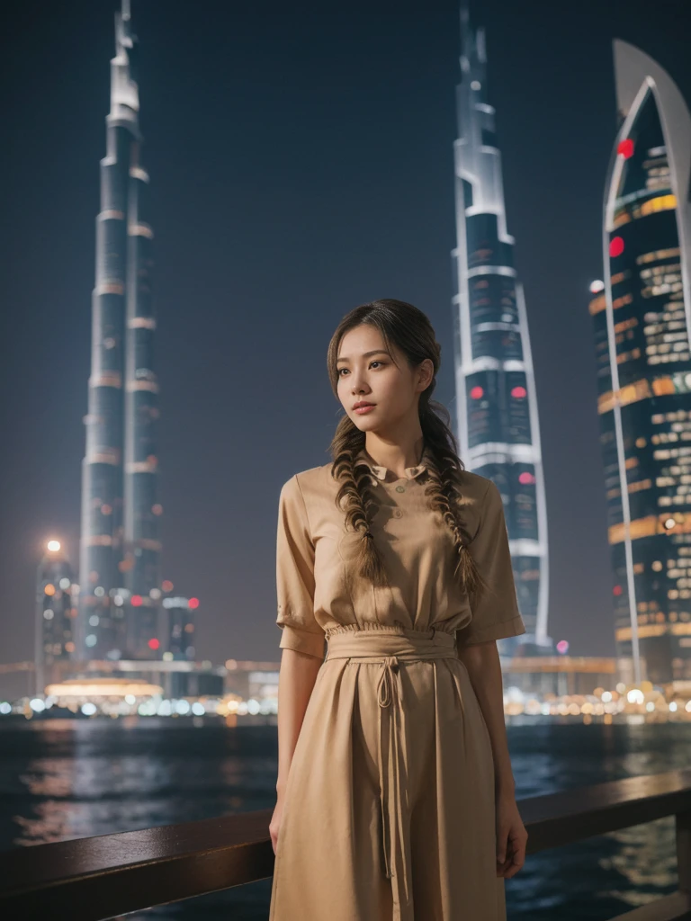 her name is Asako, high quality, 1girl, ((20-year-old fit Caucasian woman)), ((20 years old)), ((slim)), ((Fishtail Braid hair)), pose: standing, wearing stylish Generation-Z modern wear dark colored, BACKGROUND: At the Dubai Fountain, with its spectacular water show set against the towering Burj Khalifa.