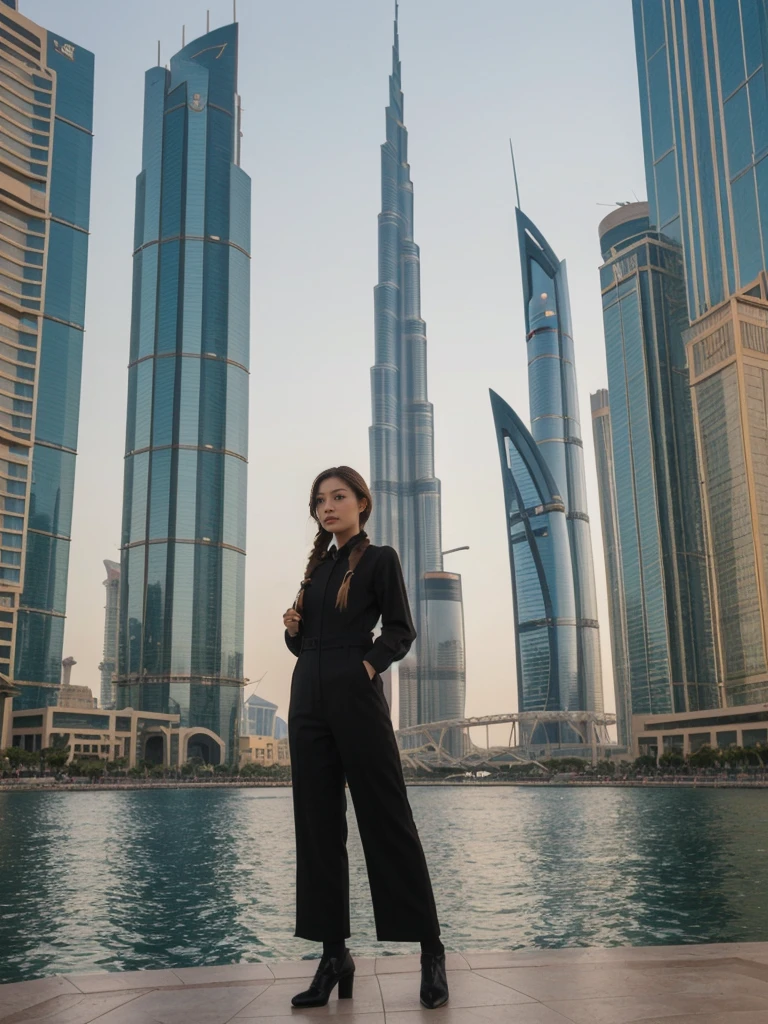 her name is Asako, high quality, 1girl, ((20-year-old fit Caucasian woman)), ((20 years old)), ((slim)), ((Fishtail Braid hair)), pose: standing, wearing stylish Generation-Z modern wear dark colored, BACKGROUND: At the Dubai Fountain, with its spectacular water show set against the towering Burj Khalifa.