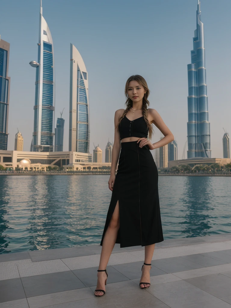 her name is Asako, high quality, 1girl, ((20-year-old fit Caucasian woman)), ((20 years old)), ((slim)), ((Fishtail Braid hair)), pose: standing, wearing stylish Generation-Z modern wear dark colored, BACKGROUND: At the Dubai Fountain, with its spectacular water show set against the towering Burj Khalifa.