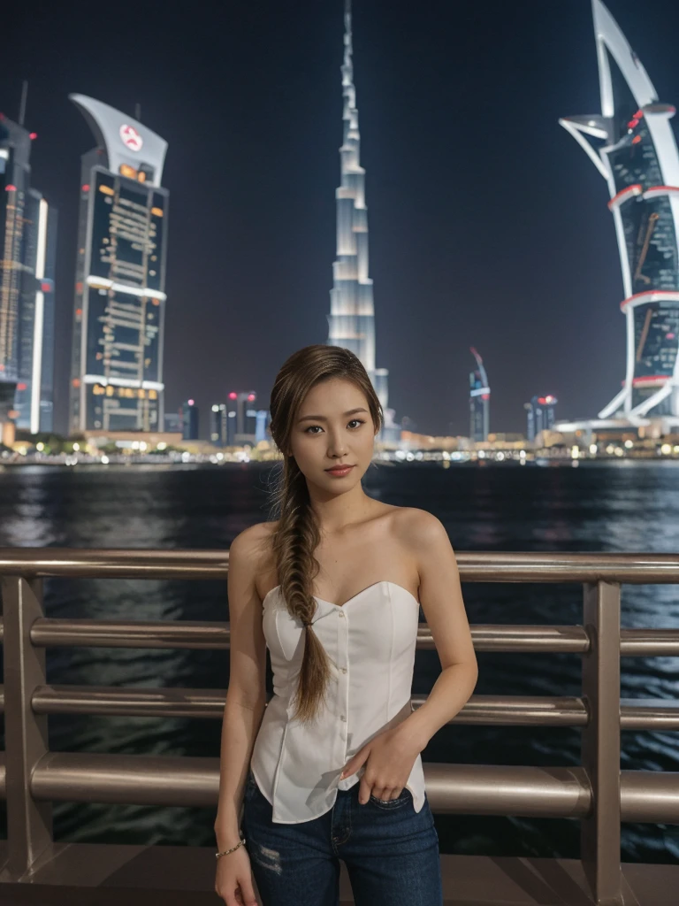 her name is Asako, high quality, 1girl, ((20-year-old fit Caucasian woman)), ((20 years old)), ((slim)), ((Fishtail Braid hair)), pose: standing, wearing stylish Generation-Z modern wear dark colored, BACKGROUND: At the Dubai Fountain, with its spectacular water show set against the towering Burj Khalifa.