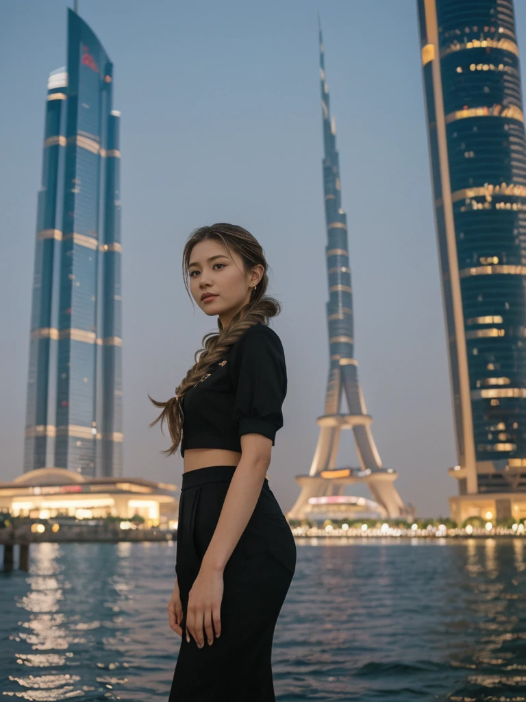 her name is Asako, high quality, 1girl, ((20-year-old fit Caucasian woman)), ((20 years old)), ((slim)), ((Fishtail Braid hair)), pose: standing, wearing stylish Generation-Z modern wear dark colored, BACKGROUND: At the Dubai Fountain, with its spectacular water show set against the towering Burj Khalifa.
