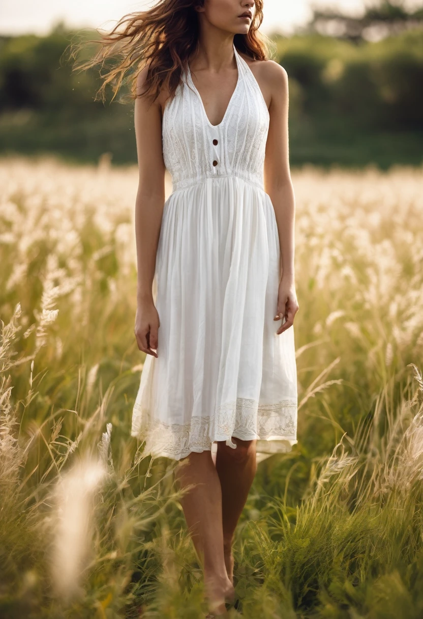 A young woman in white summer halter dress, standing on grass, brown hair, high resolution