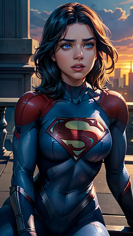 supergirl, sitting on a rooftop building, lost in deep thought, looking at the city, perfect eye, beautiful highly detailed eyes, beautiful light blue eyes, both eyes are similar, beautiful detailed lips, extremely detailed face, detailed Supergirl tight suit, tight figure, big round breasts, D cup Breasts, tight bust, dynamic pose, cinematic lighting, epic cityscape, moody atmosphere, dramatic shadows, vibrant colors, photorealistic, 8k, best quality, hyper detailed, masterpiece