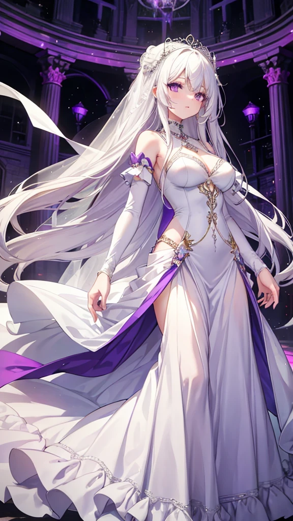 Extremely long white hair, purple eyes, dreamiest female figure, gorgeous 16 year old bride in a stapless wedding dress.