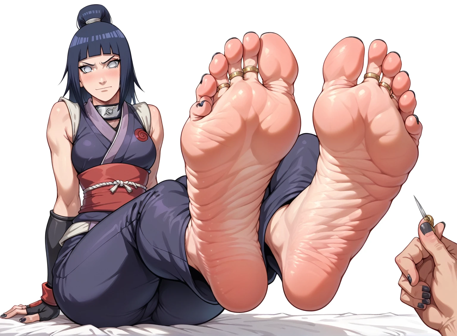 Hinata From Naruto, feet, soles, very wrinkled soles, disgusting dirty soles, black toenail, toes ring, soles focus. Very detailed soles, Masterpiece, UHD. Ninja Chamber background