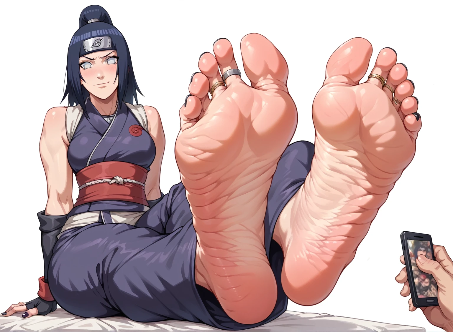 Hinata From Naruto, feet, soles, very wrinkled soles, disgusting dirty soles, black toenail, toes ring, soles focus. Very detailed soles, Masterpiece, UHD. Ninja Chamber background