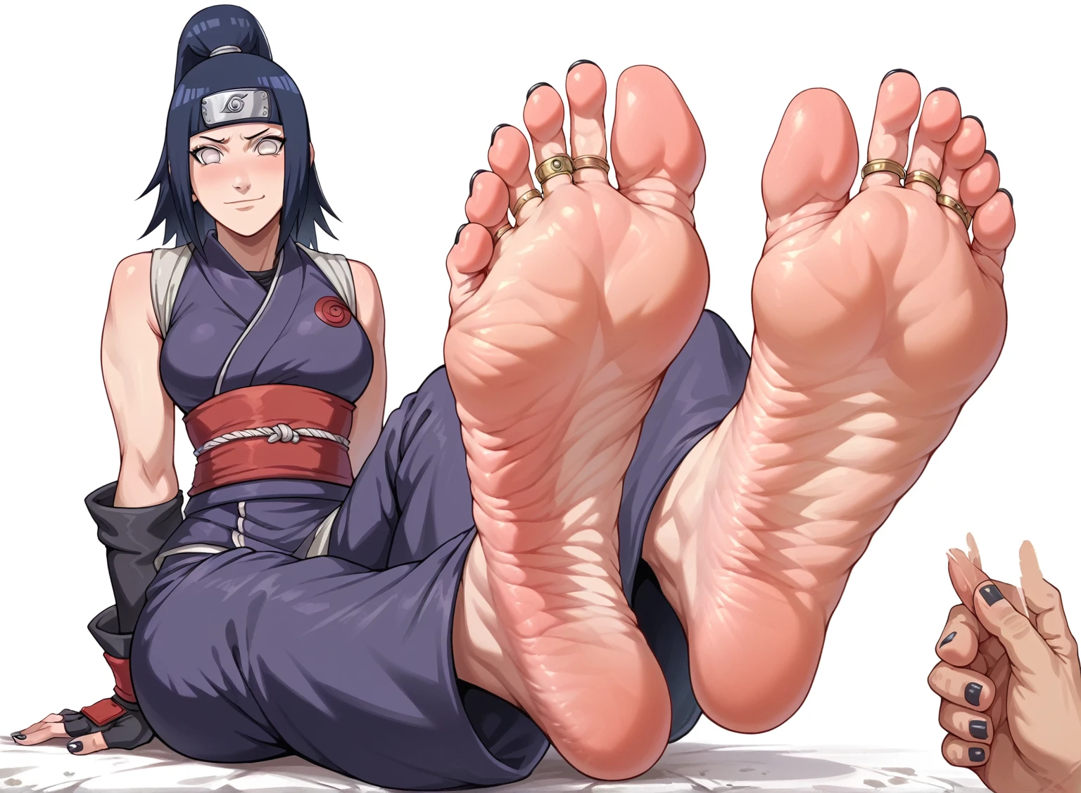 Hinata From Naruto, feet, soles, very wrinkled soles, disgusting dirty soles, black toenail, toes ring, soles focus. Very detailed soles, Masterpiece, UHD. Ninja Chamber background