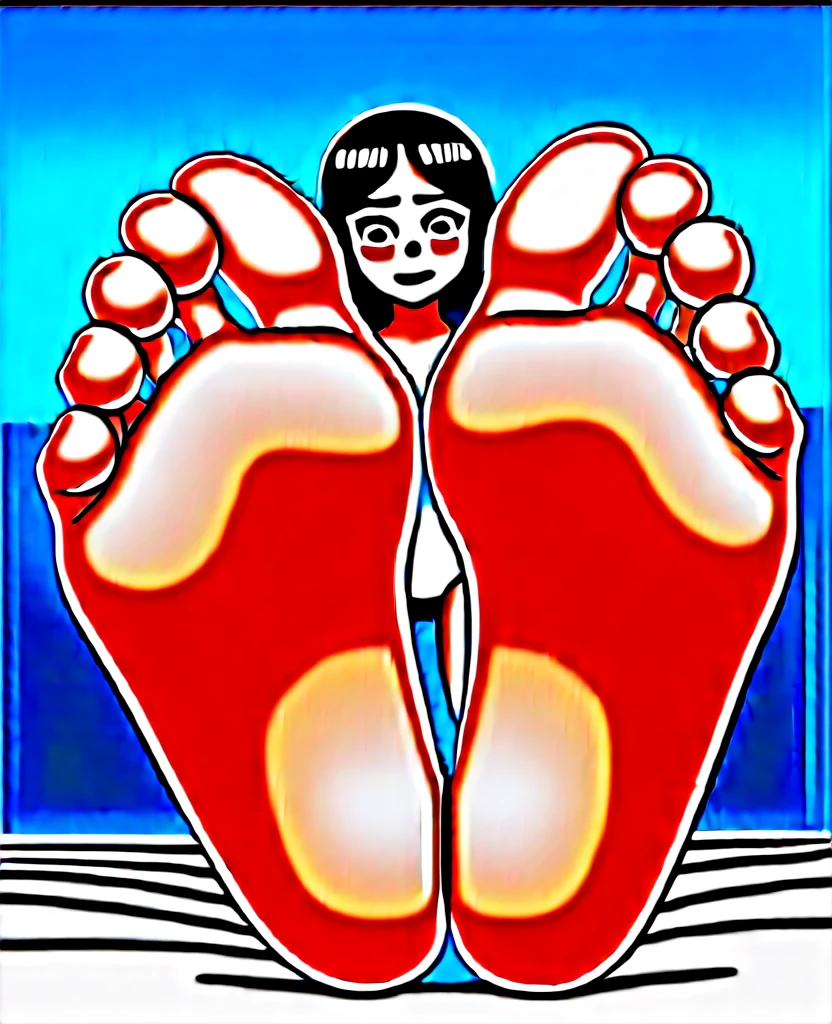 artwork, high resolution, detail to the face, details to the face, 2 women, Giants and shrinking woman, suelas de giant foot, titanic foot, giant female foot, shrinking woman, crushing a tiny woman, shrunken, mujer atrapada bajo la carne sudorosa de un giant foot, Short black hair, woman trapped between toes, little woman debajo de un pie, naked and sweating, with a face of pleasure, big breasts. giant foot, caught with toes, feet with five toes, little woman, little woman en los dedos del pie, shrinking woman, little woman atrapada en la suela del pie. Tiny woman naked on toes