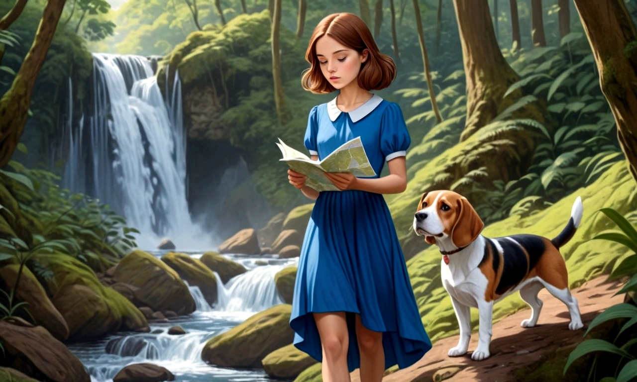 Draw a young woman with brown hair and a blue dress. Far away on the path in the dense forest, she finds a waterfall. In one hand he has a map. Next to her is a brown and white beagle.