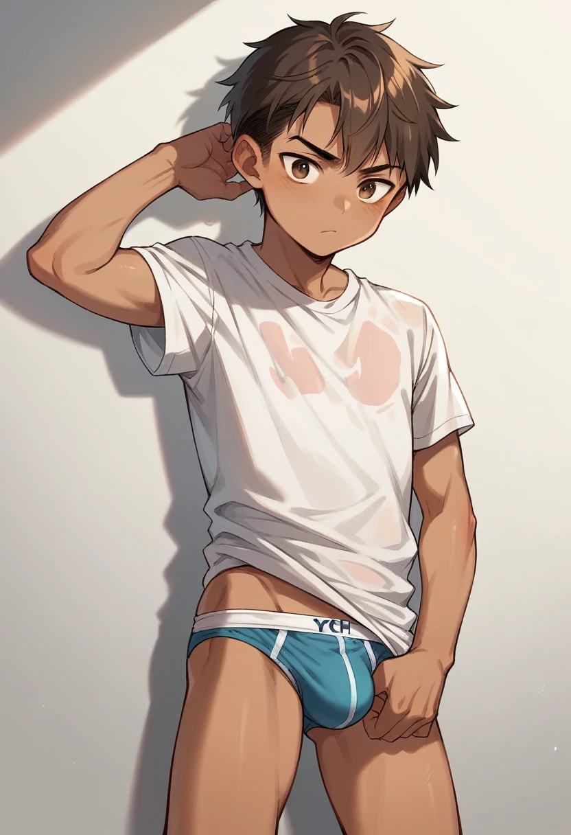 ung boy, Her hair is brown, side bangs to the eyebrow, your brown eyes with a serious look, YOUR TANNING SKIN, he is wearing underwear and a loose t-shirt, he's sitting
