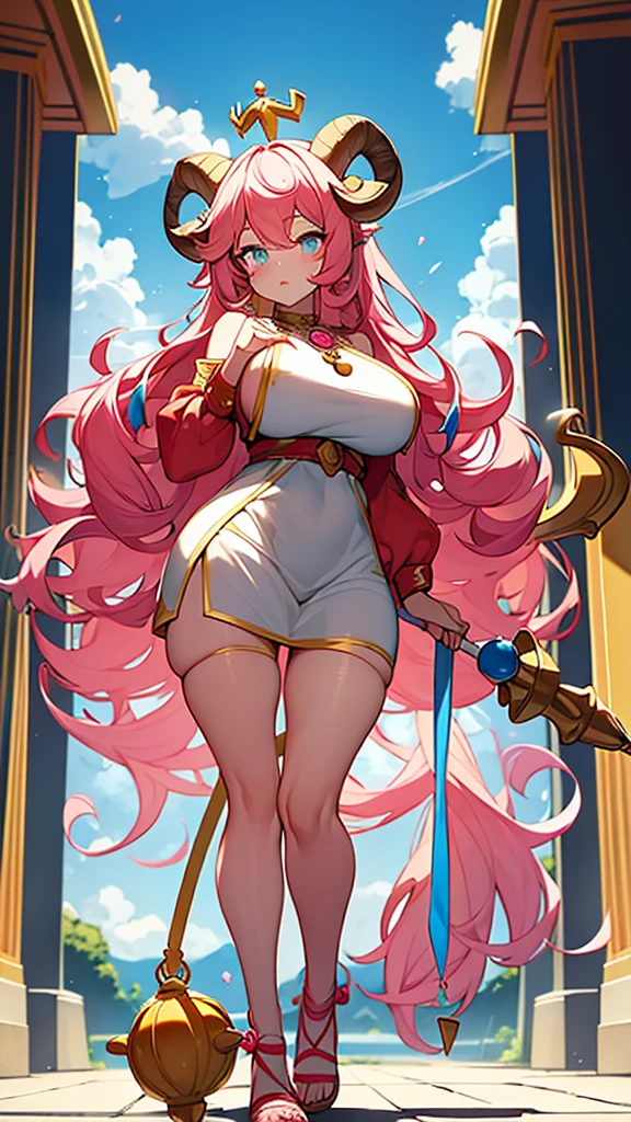 Perfect body, perfect face, perfect hands, perfect eyes, 1goat woman, goat ears, yellow horns, goat tail, long curly pink hair, red flowers crown, blue eyes, pink lipstick, serious face, yellow necklace, white long-sleeved dress with pink flower print, yellow sandals, big breasts, big ass, golden scepter in hand, temple background