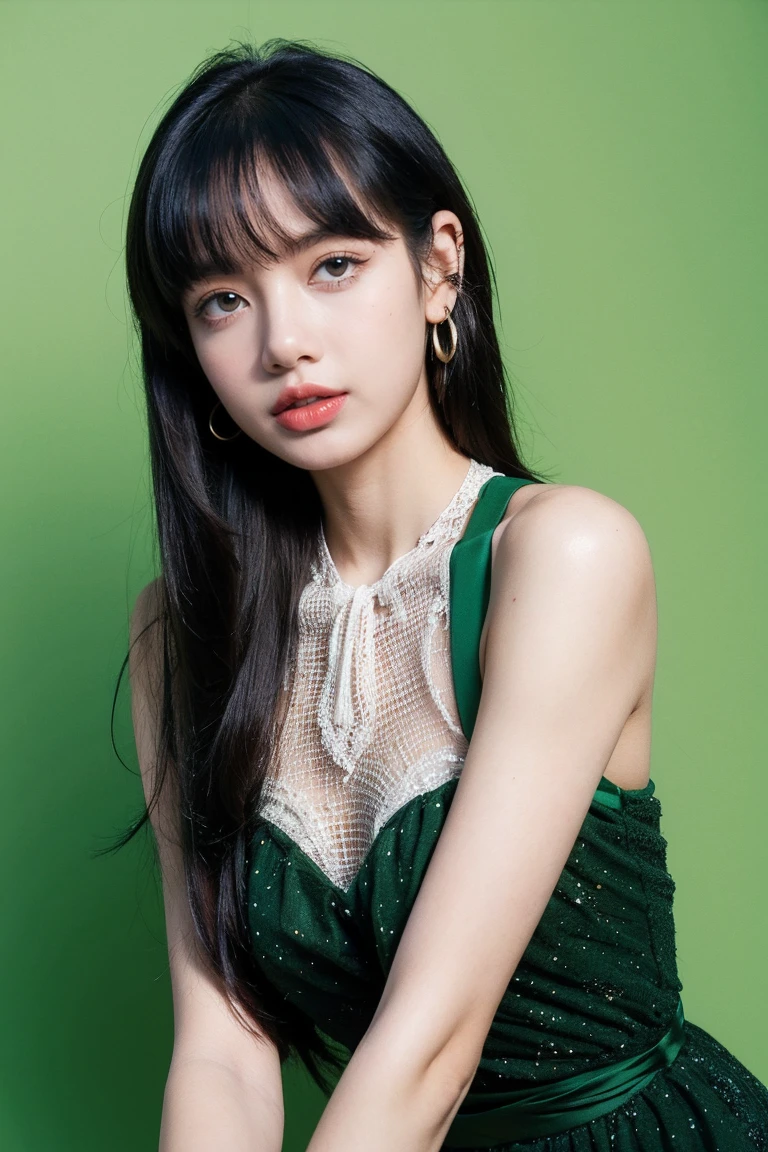 21yo girl, beautiful dress, green background