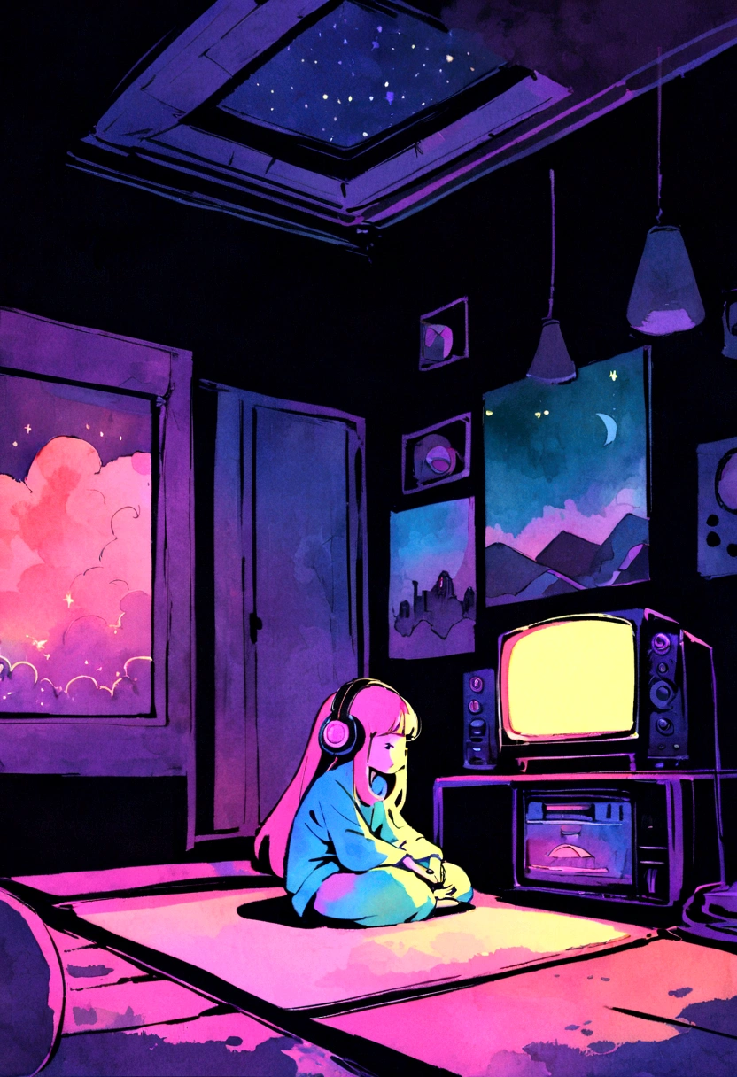 European hippie girl meditating in her room, dream, Wear headphones, night lighting, Neon scenery on a rainy day, Analog Color Theme, Lo-fi Hip Hop , review, flat, 2.5D ,Draw a line, Ink painting, Large slope, Watercolor, Goosh Colors, Studio Ghibli style, Great colorful, Outerton, Krautlock, Lofi Art,  70s style,Old Texture, amplitude,Psychedelic atmosphere, masterpiece, Great technology,