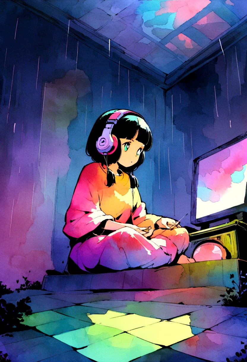 European hippie girl meditating in her room, dream, Wear headphones, night lighting, Neon scenery on a rainy day, Analog Color Theme, Lo-fi Hip Hop , review, flat, 2.5D ,Draw a line, Ink painting, Large slope, Watercolor, Goosh Colors, Studio Ghibli style, Great colorful, Outerton, Krautlock, Lofi Art, 70s style,Old Texture, amplitude,Psychedelic atmosphere, masterpiece, Great technology,