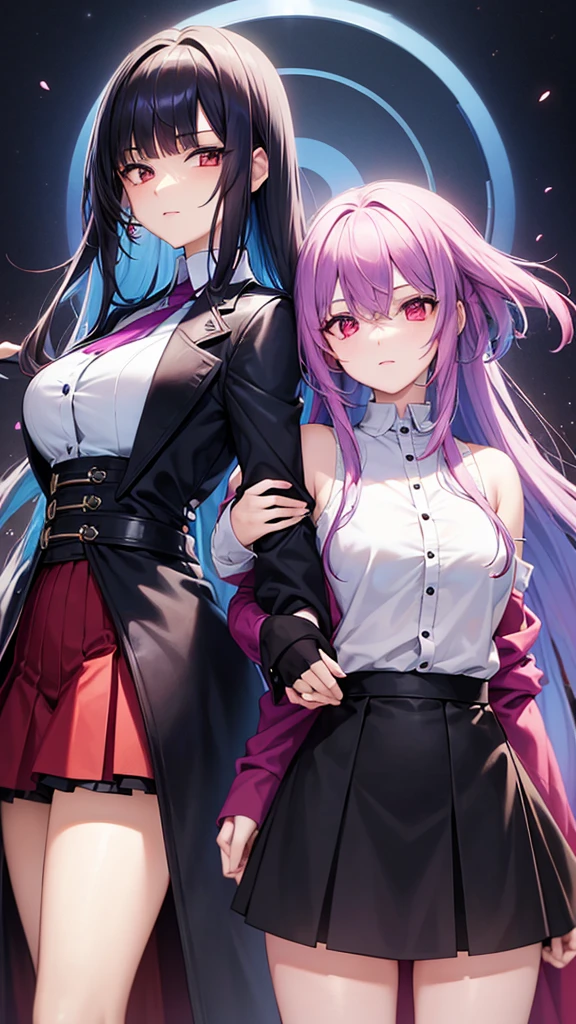 Women, brunette with red eyes and light blue hair with purple tips.. And his black clothes, and her black skirt. 