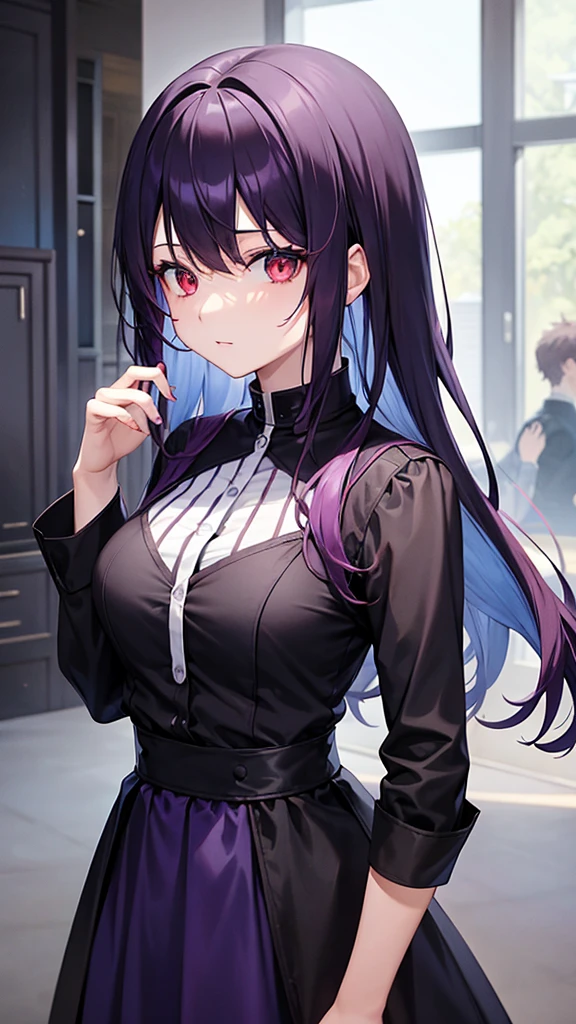 Women, brunette with red eyes and light blue hair with purple tips.. And his black clothes, and her black skirt. 