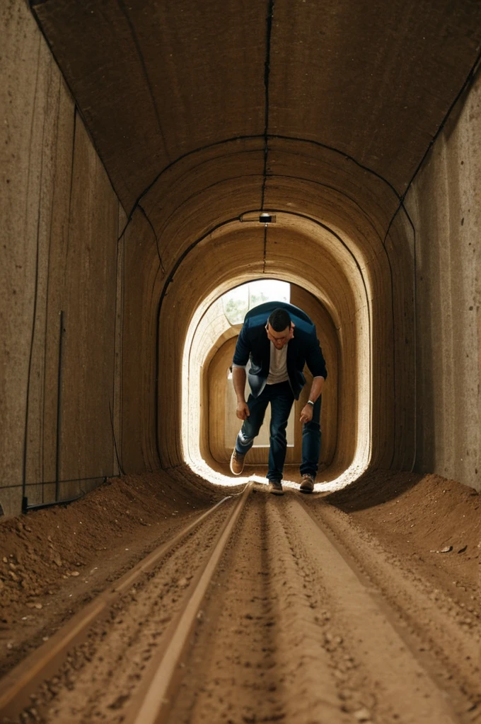 Man getting out of tunnel in ground into a living room