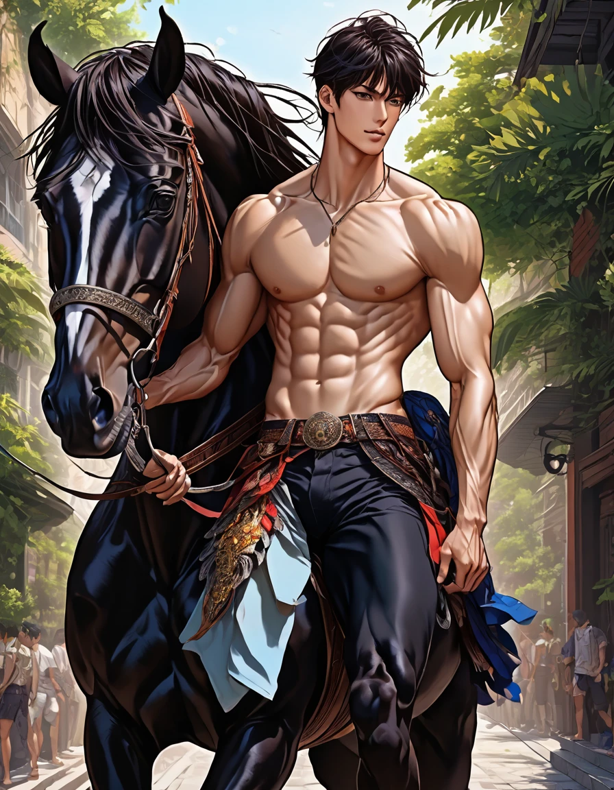 anime+hentai+yaoi style deep colors palette , simetryc composition,  ultradetailed art style, oil painting, fullbody, perfect compositicion,  perfect anatomy, wearing small litle shorts, dramatic, natural lighting, a young gorgeous, handsome, tall, perfect feet, latino ,  detailed realistic muscles, simetryc body,  he is  ridding  a black horse and holding a sword , carring  a multicolor back bag,   in a downtown  and jungle mix scenario