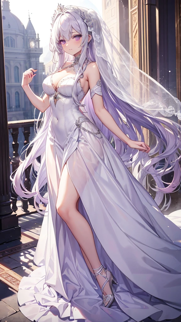 Extremely long white hair, purple eyes, dreamiest female figure, gorgeous 16 year old bride in a stapless, A-line wedding dress.